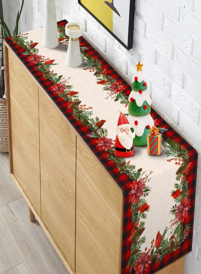 Pudodo Christmas Cardinal Table Runner Buffalo Plaid Check Poinsettia Holly Xmas Winter Holiday Kitchen Dining Home Decorations (13" x 72") - Image 4