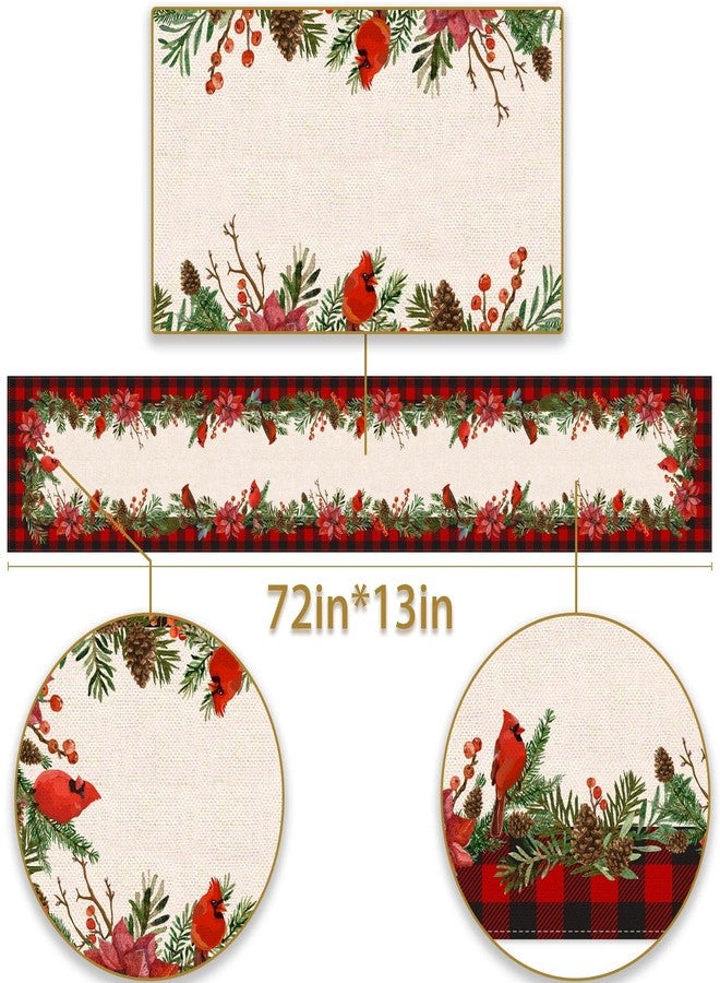 Pudodo Christmas Cardinal Table Runner Buffalo Plaid Check Poinsettia Holly Xmas Winter Holiday Kitchen Dining Home Decorations (13" x 72") - Image 3
