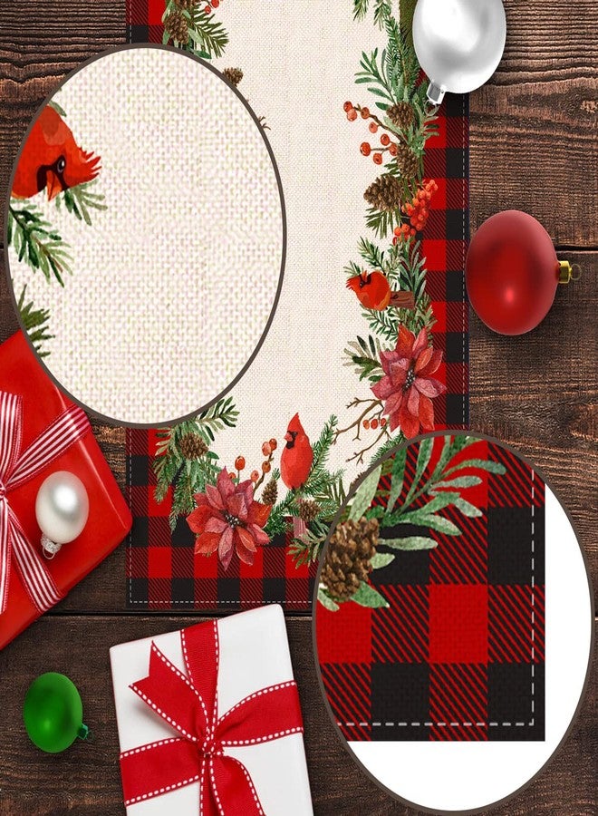 Pudodo Christmas Cardinal Table Runner Buffalo Plaid Check Poinsettia Holly Xmas Winter Holiday Kitchen Dining Home Decorations (13" x 72") - Image 5