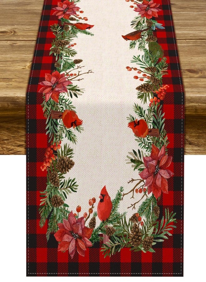 Pudodo Christmas Cardinal Table Runner Buffalo Plaid Check Poinsettia Holly Xmas Winter Holiday Kitchen Dining Home Decorations (13" x 72") - Image 1