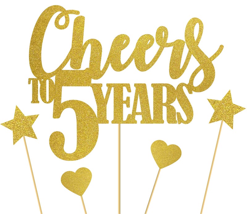 SVM CRAFT® Cheers to 5 Years Cake Topper/Happy 5th Birthday Cake Decorations/Happy 5th Anniversary Party Supplies Gold Glitter - Image 3
