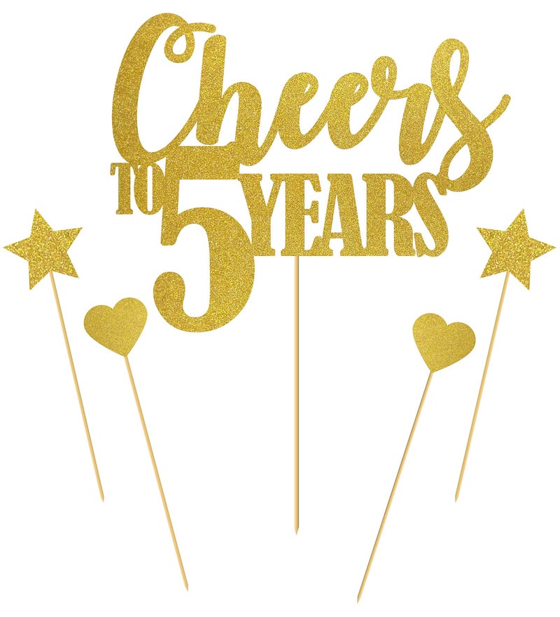 SVM CRAFT® Cheers to 5 Years Cake Topper/Happy 5th Birthday Cake Decorations/Happy 5th Anniversary Party Supplies Gold Glitter - Image 2