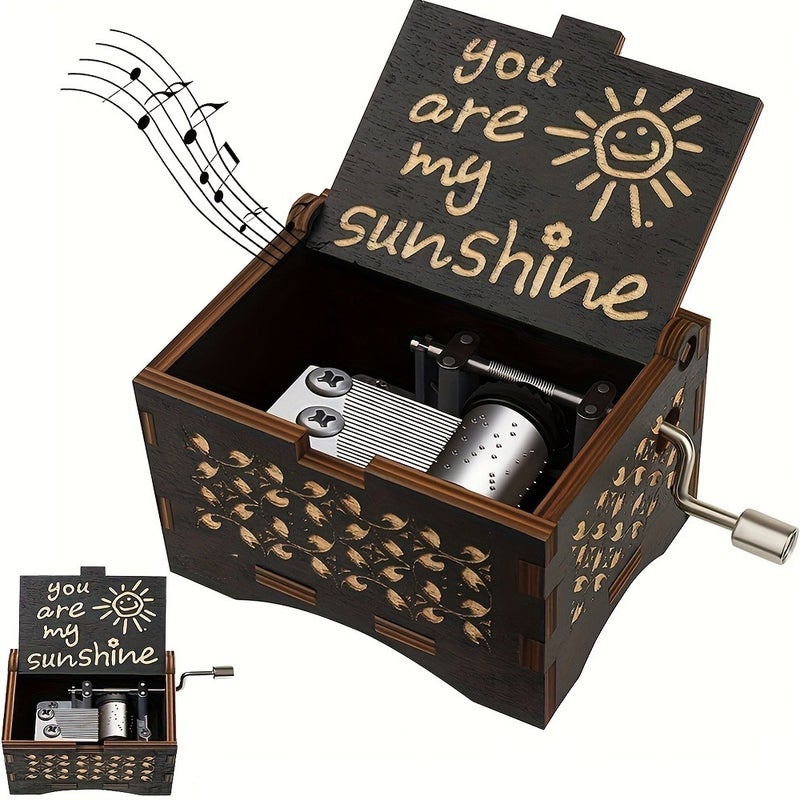 PETO 1 Vintage Music Box - Hand-Cranked Laser Engraved 'You Are My Sunshine', No Electricity Needed, Desktop Decoration, Birthday/Anniversary/Wedding Gift for Women, Moms, Wives - Home or Office Decor, Exquisite Textured Details, Metallic Accents, Touching Gift, Mother's Day Present - Image 1