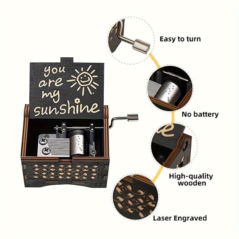 PETO 1 Vintage Music Box - Hand-Cranked Laser Engraved 'You Are My Sunshine', No Electricity Needed, Desktop Decoration, Birthday/Anniversary/Wedding Gift for Women, Moms, Wives - Home or Office Decor, Exquisite Textured Details, Metallic Accents, Touching Gift, Mother's Day Present - Image 4