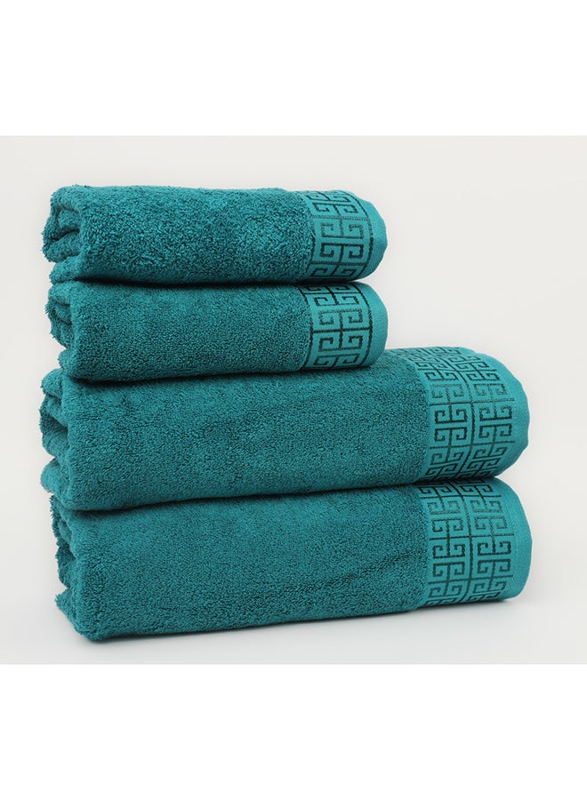 White Rose Towel 4 Piece Bathroom  Set - GREEKY - 500 GSM - 100% Cotton Terry - Jacquard Border- 2 Bath  70X140 cm & 2 Hand  50x90 cm- Luxury Touch - Extra Absorbent-Turquoise  - Image 3