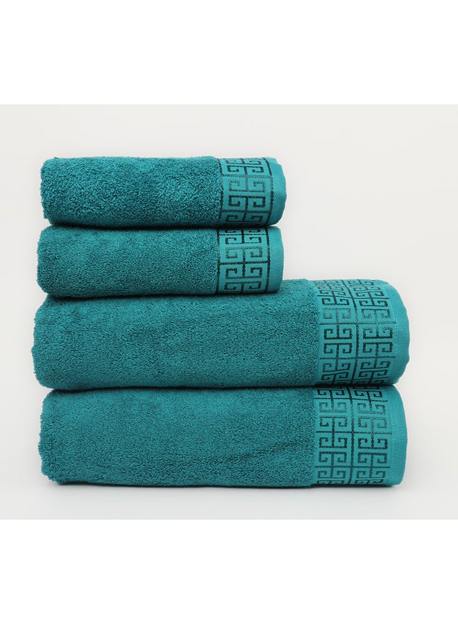 White Rose Towel 4 Piece Bathroom  Set - GREEKY - 500 GSM - 100% Cotton Terry - Jacquard Border- 2 Bath  70X140 cm & 2 Hand  50x90 cm- Luxury Touch - Extra Absorbent-Turquoise  - Image 2