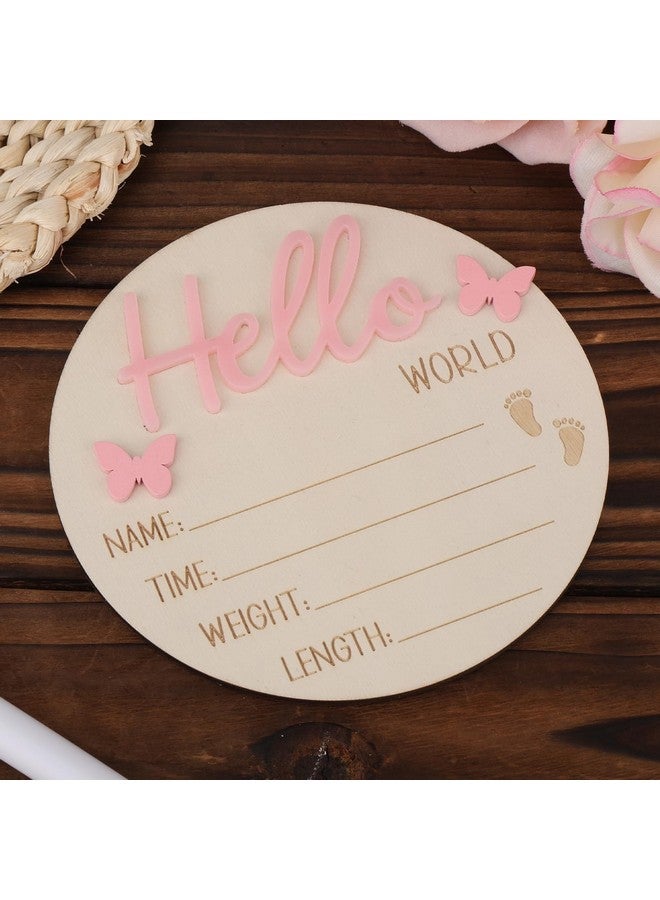 lasuroa Newborn Announcement Sign, 5.31 Inch Pink Hello World Wooden New Baby Welcome Plaque Board Birth Name Sign Photo Prop for Baby Shower Home Hospital Nursery Decor - Image 4