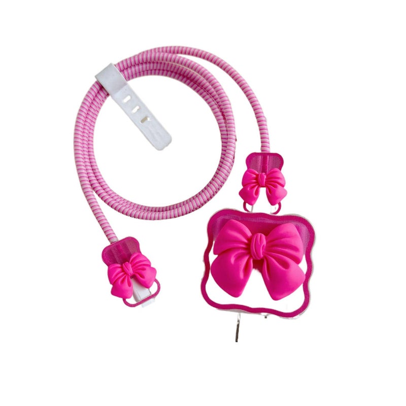 20W Charger Head and Cable End Protector Set with Cute Style in Red with Decorative Design Anti Bend Protection and Daily Cable Care - Lilac Ribbon - Image 1