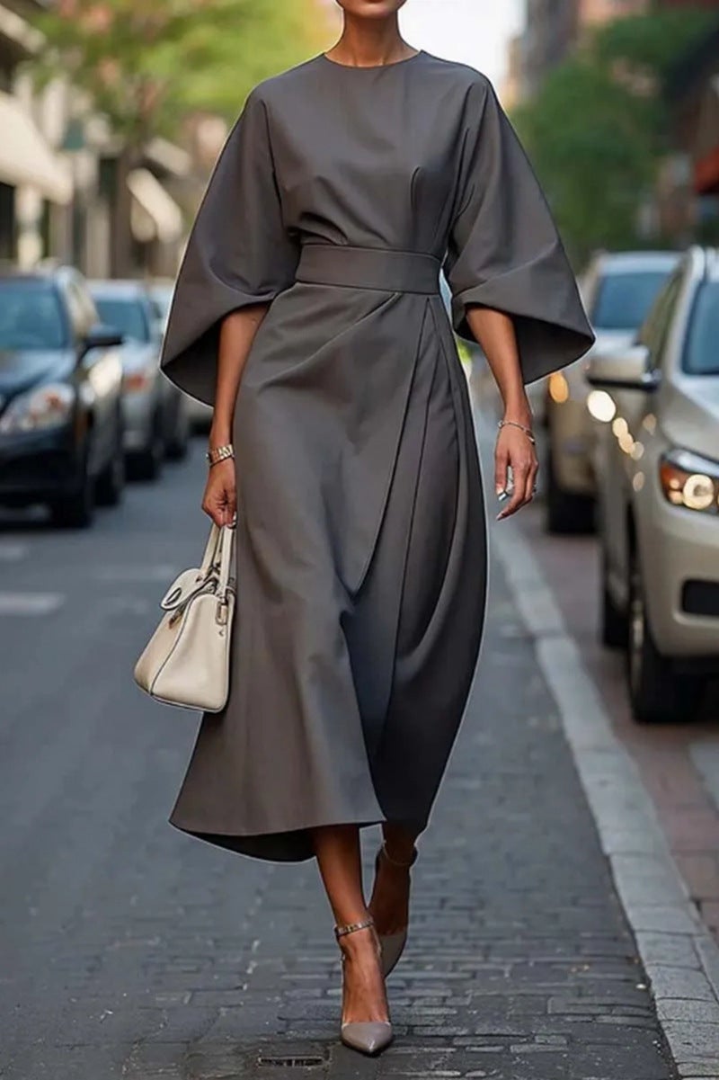 2025 Export Womens Clothing European and American Cross-Border Fashion Elegant Pure Color Waist Dress Casual Bat Sleeve Long Skirt Khaki - Image 5