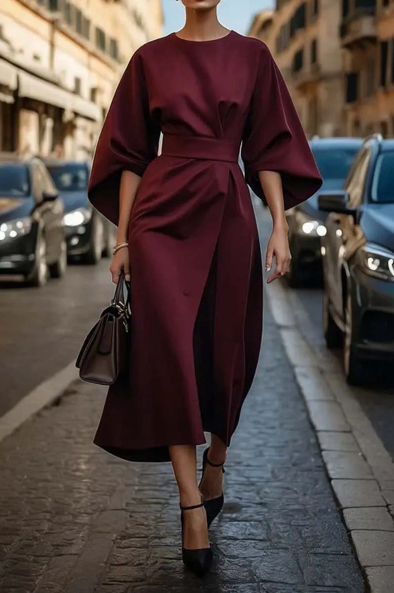 2025 Export Womens Clothing European and American Cross-Border Fashion Elegant Pure Color Waist Dress Casual Bat Sleeve Long Skirt Khaki - Image 3