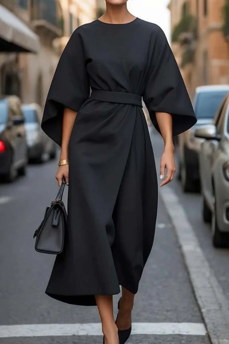 2025 Export Womens Clothing European and American Cross-Border Fashion Elegant Pure Color Waist Dress Casual Bat Sleeve Long Skirt Khaki - Image 2