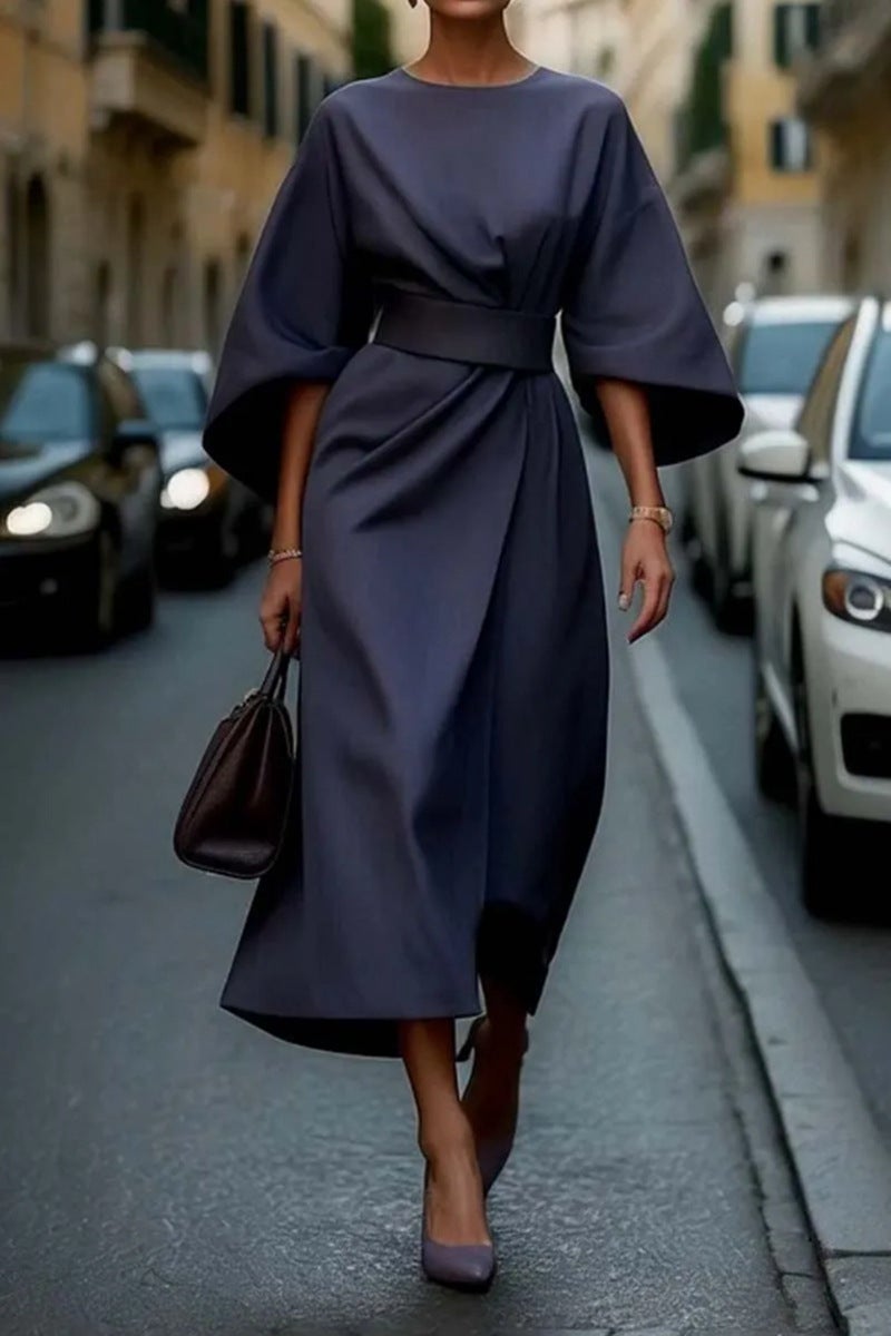 2025 Export Womens Clothing European and American Cross-Border Fashion Elegant Pure Color Waist Dress Casual Bat Sleeve Long Skirt Khaki - Image 4