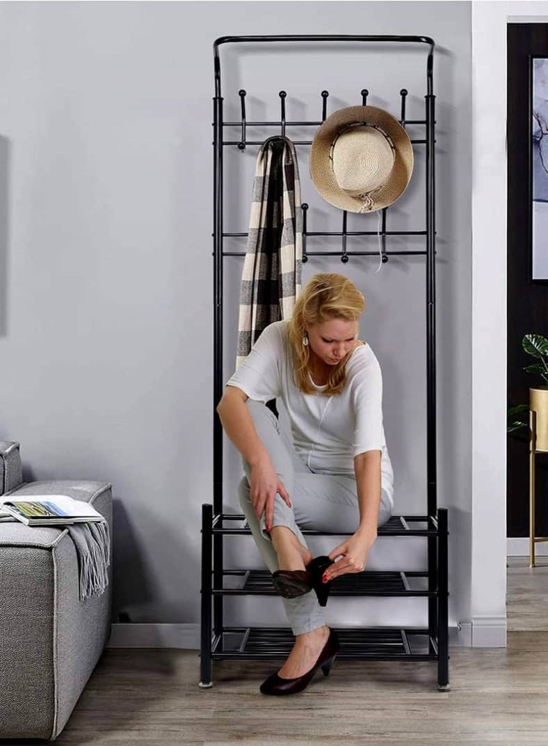 Black metal clothes hanger, stand, and organizer consisting of 3 shelves - Image 2