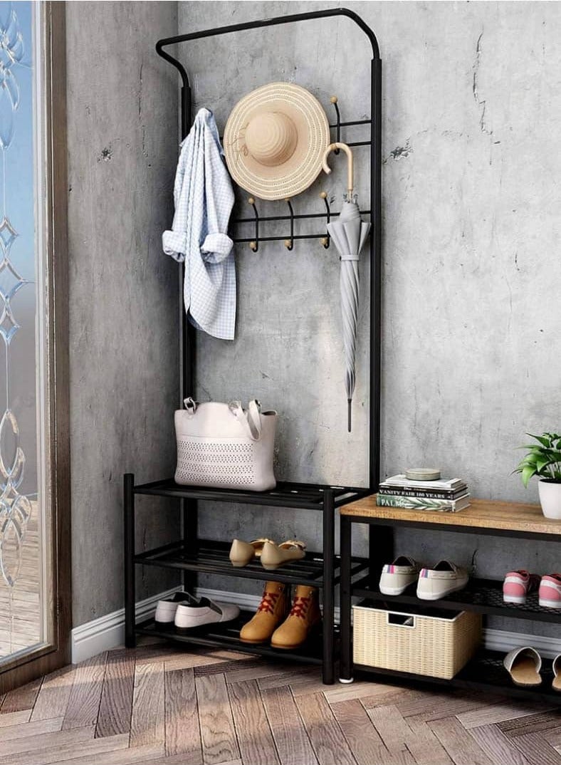 Black metal clothes hanger, stand, and organizer consisting of 3 shelves - Image 3
