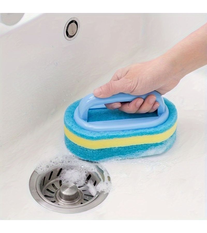 3pcs Blue Sponge Cleaning Brush with Handle for Bathroom Kitchen Dishwashing Pot Scrubbing - Image 5