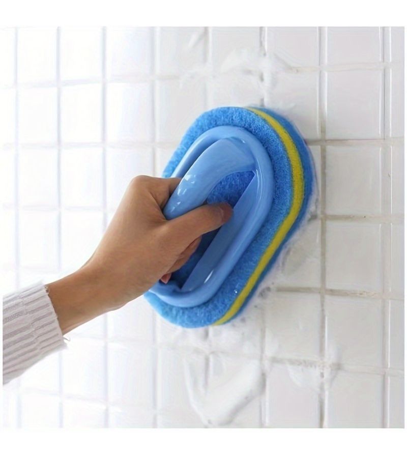 3pcs Blue Sponge Cleaning Brush with Handle for Bathroom Kitchen Dishwashing Pot Scrubbing - Image 1
