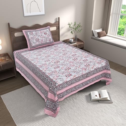 EasyGoods® 240 TC Cotton Bedsheet for Single Bed –Pink, MonarchSingle05 Bedsheet Single Size Bed Cotton, Single Size Bedsheet, Single Bedsheet with 1 Pillow Cover 59x88 Inch, Handcrafted Bed Sheets - Image 1