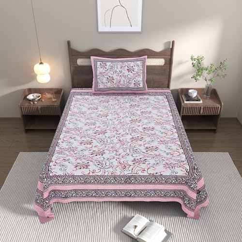 EasyGoods® 240 TC Cotton Bedsheet for Single Bed –Pink, MonarchSingle05 Bedsheet Single Size Bed Cotton, Single Size Bedsheet, Single Bedsheet with 1 Pillow Cover 59x88 Inch, Handcrafted Bed Sheets - Image 2