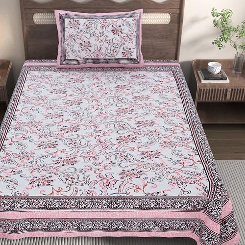 EasyGoods® 240 TC Cotton Bedsheet for Single Bed –Pink, MonarchSingle05 Bedsheet Single Size Bed Cotton, Single Size Bedsheet, Single Bedsheet with 1 Pillow Cover 59x88 Inch, Handcrafted Bed Sheets - Image 3