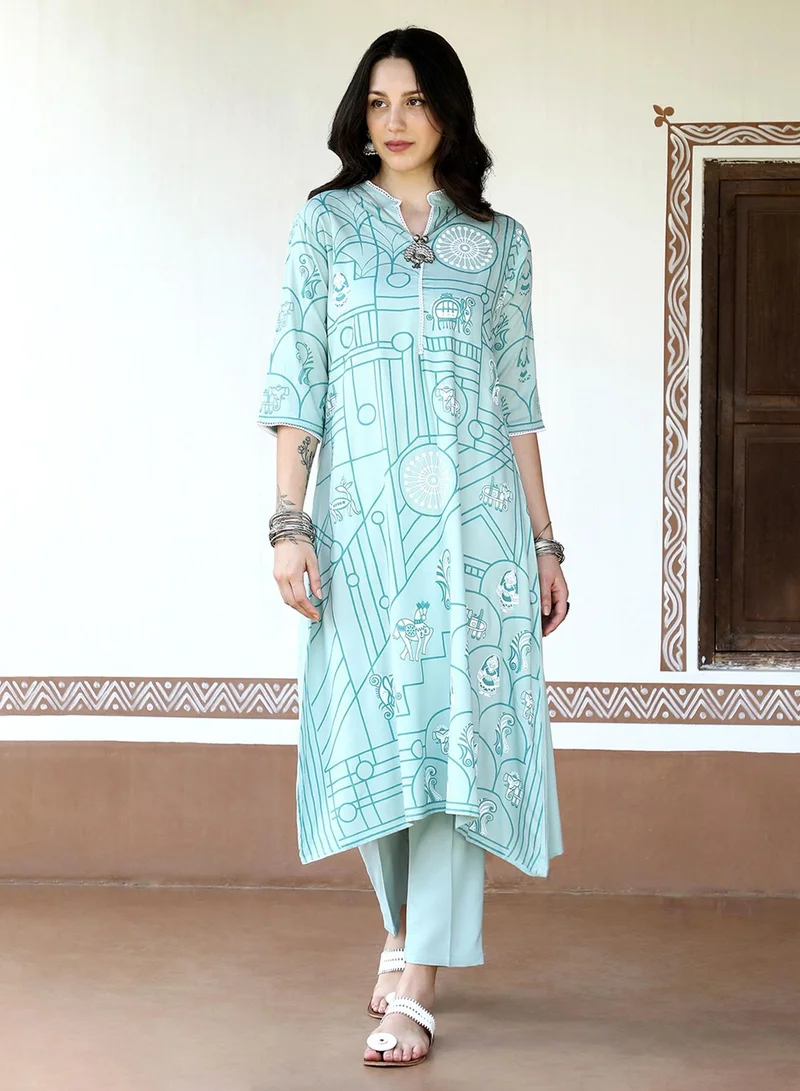 QISSA Women's Pear Green Metallic Flora Print Kurta With Pear Green Trousers Set