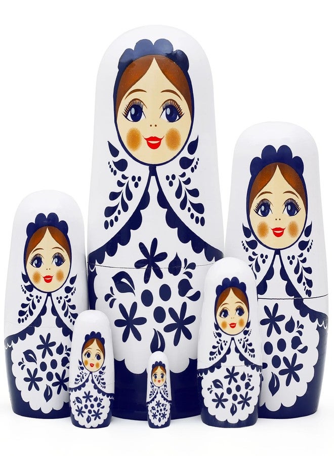 NEPOG Cute Little Girl Nesting Dolls, White and Blue Girls Russian Nesting Dolls Set of 6 Flower Girl Wooden Matryoshka Dolls Wishing Doll for Birthday Kids Stacking Toy Boy Girl Gift Home Decoration - Image 1