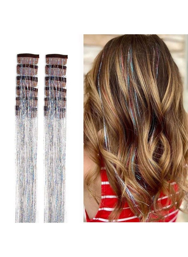 YOOONXI 12Pcs Hair Tinsel Clip In 19.6Inch Silver Hair Tinsel Kit Heat Resistant Shiny Fairy Glitter Hair Clip In Tinsel Hair Extensions Sparkle Strands Hair Accessories For Women Girls Kids - Image 1