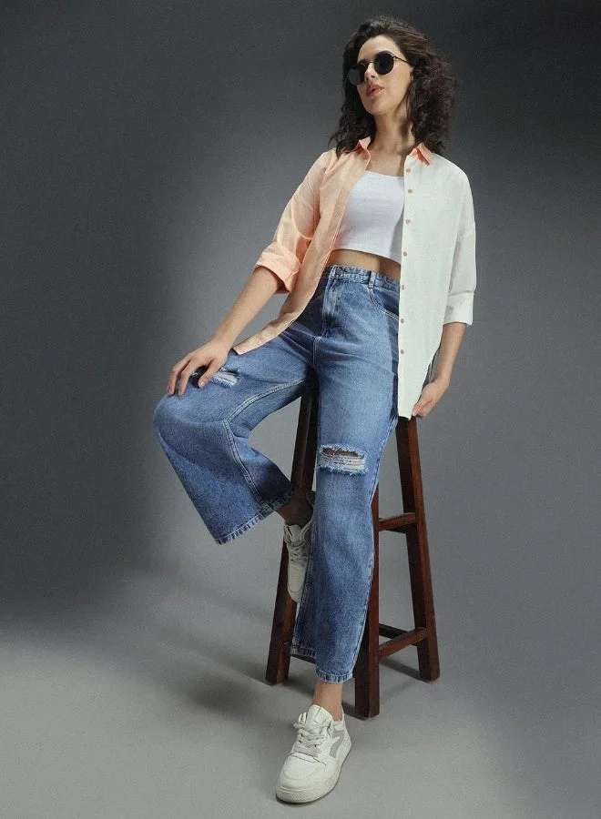 HIGH STAR  Women's Multicolour 100% Cotton Colourblocked Button Down Oversized Shirt for Women | Best Price UAE