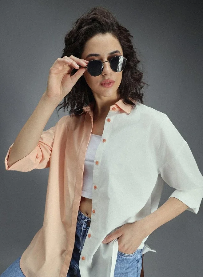HIGH STAR  Women's Multicolour 100% Cotton Colourblocked Button Down Oversized Shirt for Women | Best Price UAE