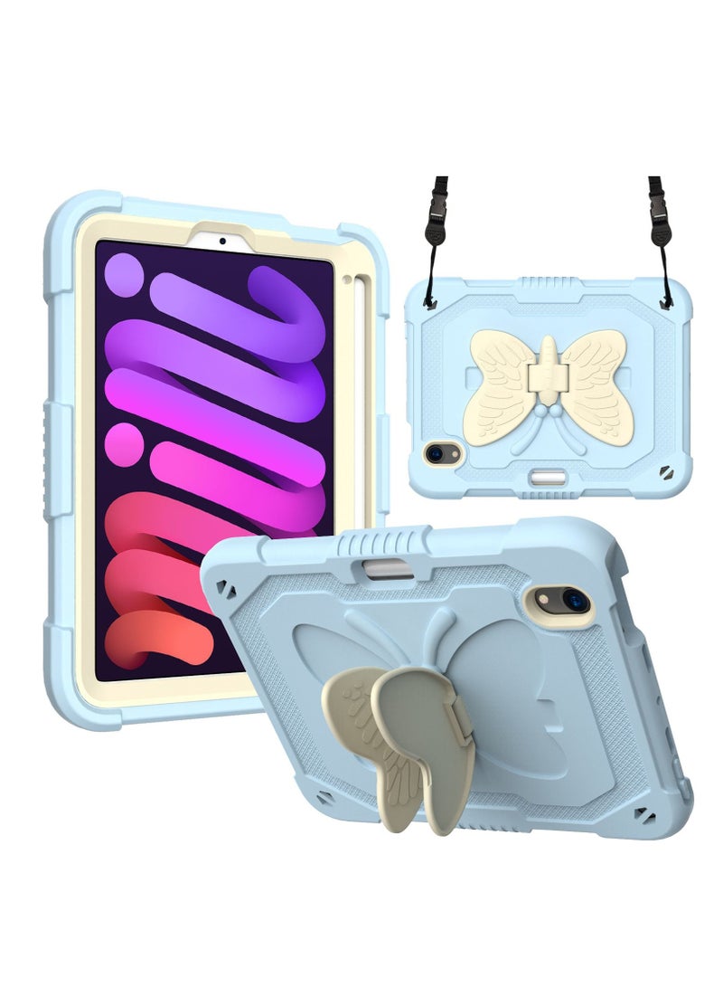 Compatible for iPad Mini 6 Case with Kickstand erfly Wings Pencil Holder, Heavy Duty Hard Rugged Protective Cover for Kids Girls for iPad Mini 6 Generation (8.3-inch, 2021)-Blue - Image 2