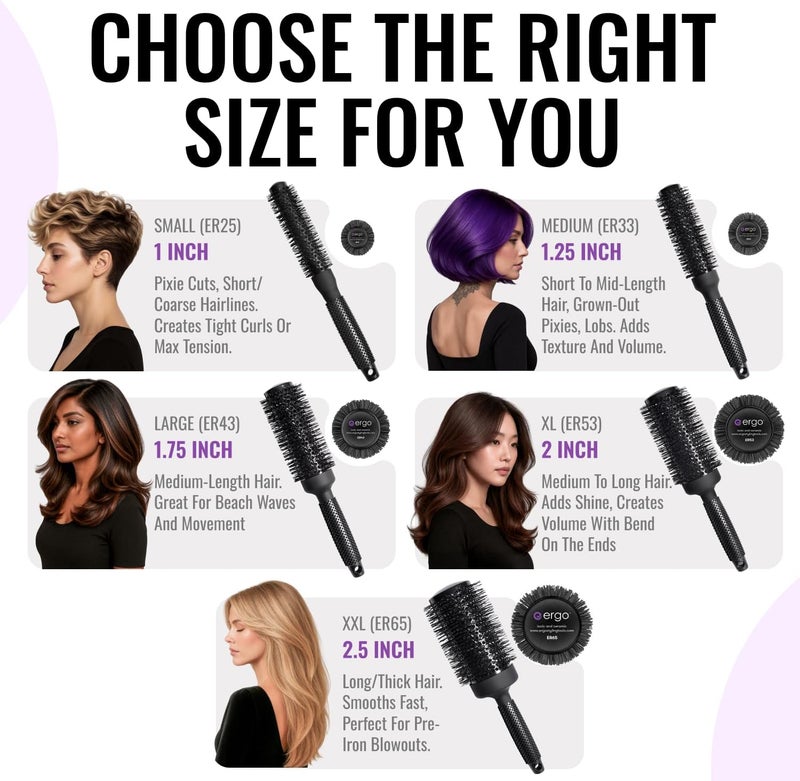 ERGO Ceramic Ionic Round Hair Brush - Salon-Quality Brush for Blow Drying, Roller Brush for Wet & Dry Hair Styling, Volumizing Hair Care (ER25: 1") - Image 2