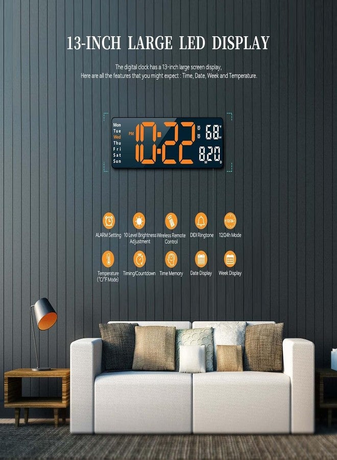 CARTIFY Digital Alarm Wall Clock Large Display, 16.2 Inch Large Wall LED Digital with Remote Control/Automatic Brightness Dimmer Big Clock with Date Week Temperature (Black Case+Orange Digit) - Image 3