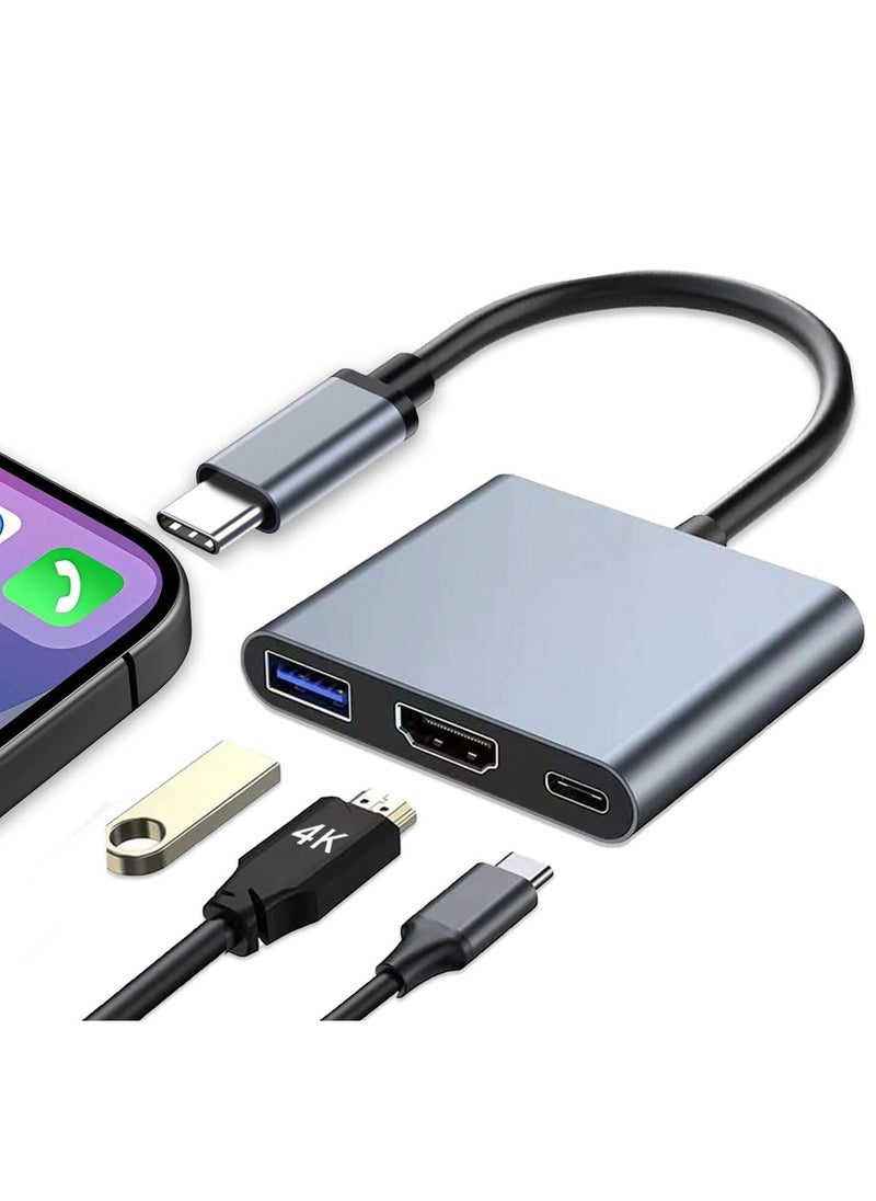 USB C to HDMI Adapter for iPhone, Type C to 4K HDMI Adapter with 100W PD & USB 3.0 Port Multiport Digital AV Converter for MacBook Pro/air, iPad Pro/air, iPhone 15, Tablets, Switch and USB-C Device