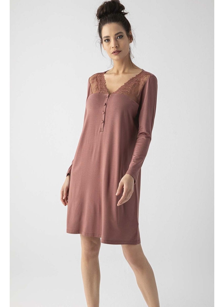 Monamise 19315 Women's Long Sleeve Nightgown-Brown 