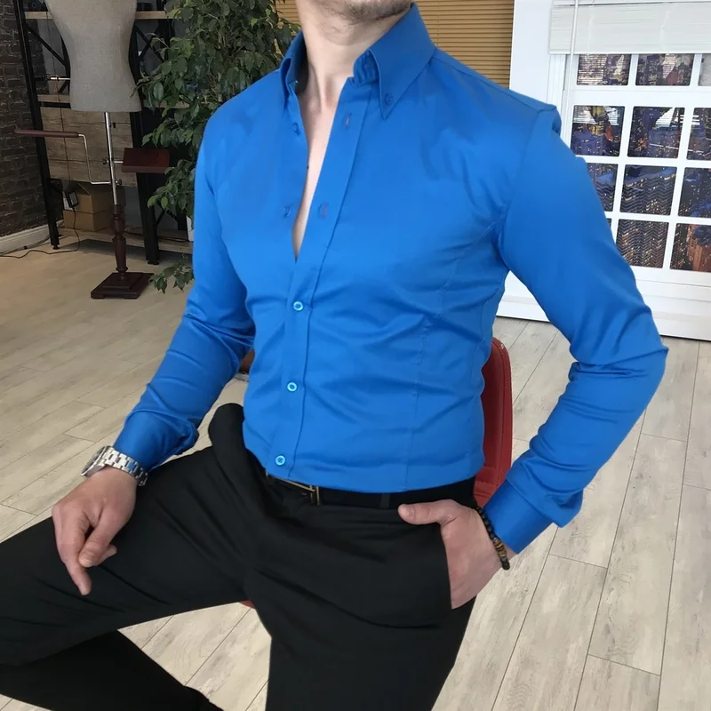 ترزي اددم Tailor Adem Italian Style Slim Fit Stand Collar Satin Men's Shirt Saxe T4744