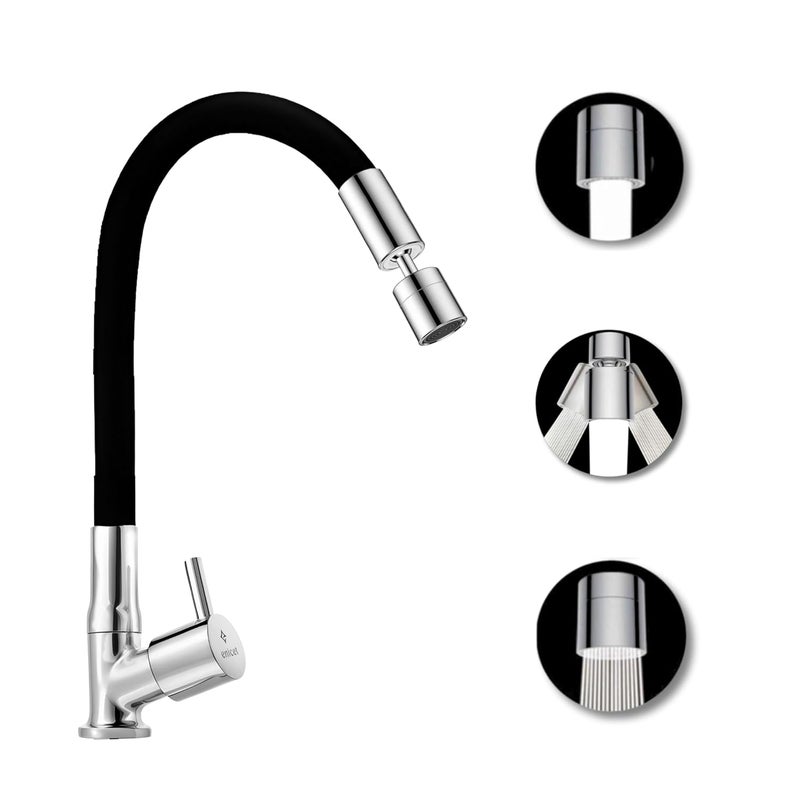 ENICET Brass Sink Tap for Kitchen, 3 Flow Modes, Flexible Swivel Spout Black, Wall Mount, Chrome Finish (2 Flow Swan Neck Tap) - Image 1