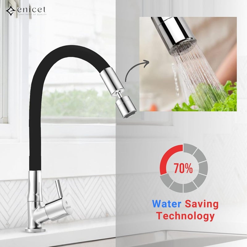 ENICET Brass Sink Tap for Kitchen, 3 Flow Modes, Flexible Swivel Spout Black, Wall Mount, Chrome Finish (2 Flow Swan Neck Tap) - Image 2