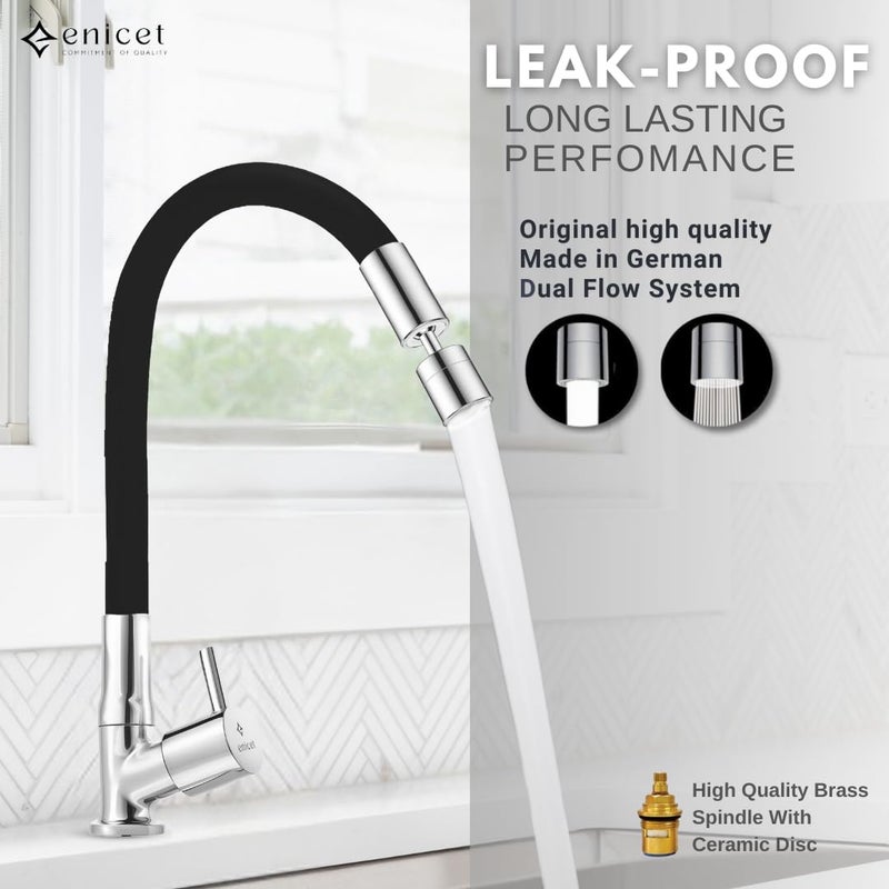 ENICET Brass Sink Tap for Kitchen, 3 Flow Modes, Flexible Swivel Spout Black, Wall Mount, Chrome Finish (2 Flow Swan Neck Tap) - Image 3