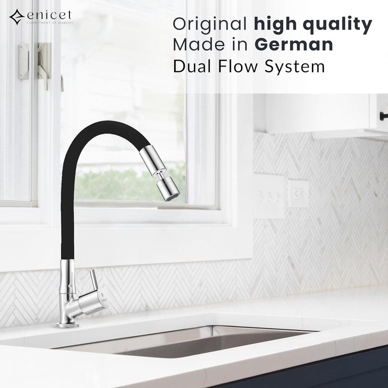 ENICET Brass Sink Tap for Kitchen, 3 Flow Modes, Flexible Swivel Spout Black, Wall Mount, Chrome Finish (2 Flow Swan Neck Tap) - Image 4
