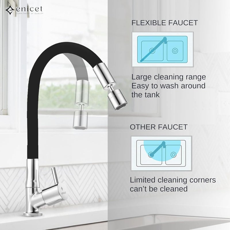 ENICET Brass Sink Tap for Kitchen, 3 Flow Modes, Flexible Swivel Spout Black, Wall Mount, Chrome Finish (2 Flow Swan Neck Tap) - Image 5