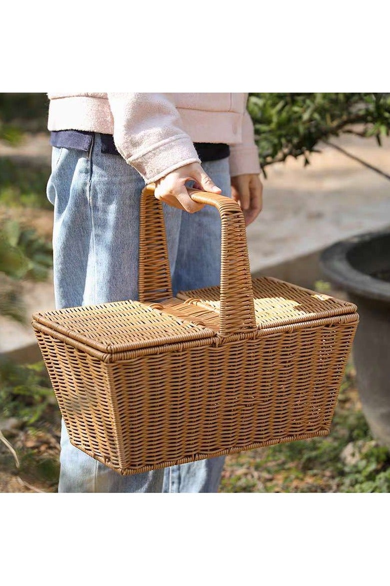 لينجوي سلال نزهة من الخوص، سلة فاكهة بيضاوية بغطاء مزدوج، سلة خوص منسوجة يدويًا، حاوية تخزين، لون بني، 47×40×30 سم  - Image 2