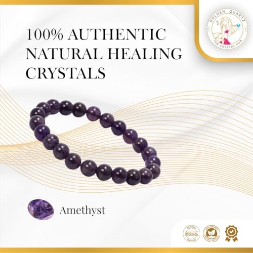 GOLDEN QUARTZ - THE CRYSTAL HUB Purple Amethyst Crystal Bracelet for Women & Men Certified Natural, Relieves Stress, Helps with Insomnian Gift For Girlfriend and Boyfriend, Beads Size 8mm - Image 4