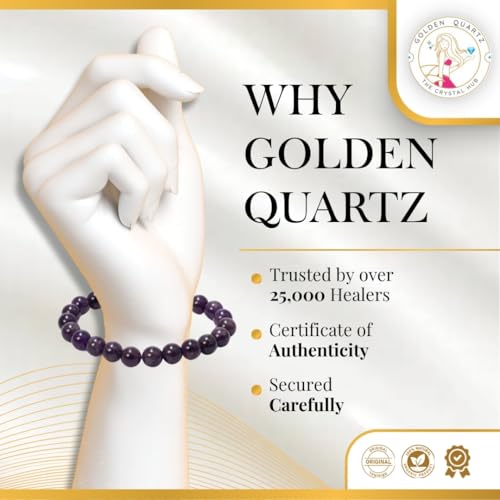 GOLDEN QUARTZ - THE CRYSTAL HUB Purple Amethyst Crystal Bracelet for Women & Men Certified Natural, Relieves Stress, Helps with Insomnian Gift For Girlfriend and Boyfriend, Beads Size 8mm - Image 2
