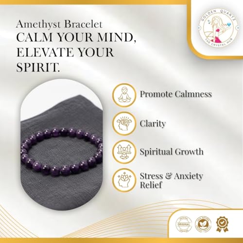 GOLDEN QUARTZ - THE CRYSTAL HUB Purple Amethyst Crystal Bracelet for Women & Men Certified Natural, Relieves Stress, Helps with Insomnian Gift For Girlfriend and Boyfriend, Beads Size 8mm - Image 3