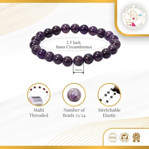 GOLDEN QUARTZ - THE CRYSTAL HUB Purple Amethyst Crystal Bracelet for Women & Men Certified Natural, Relieves Stress, Helps with Insomnian Gift For Girlfriend and Boyfriend, Beads Size 8mm - Image 5