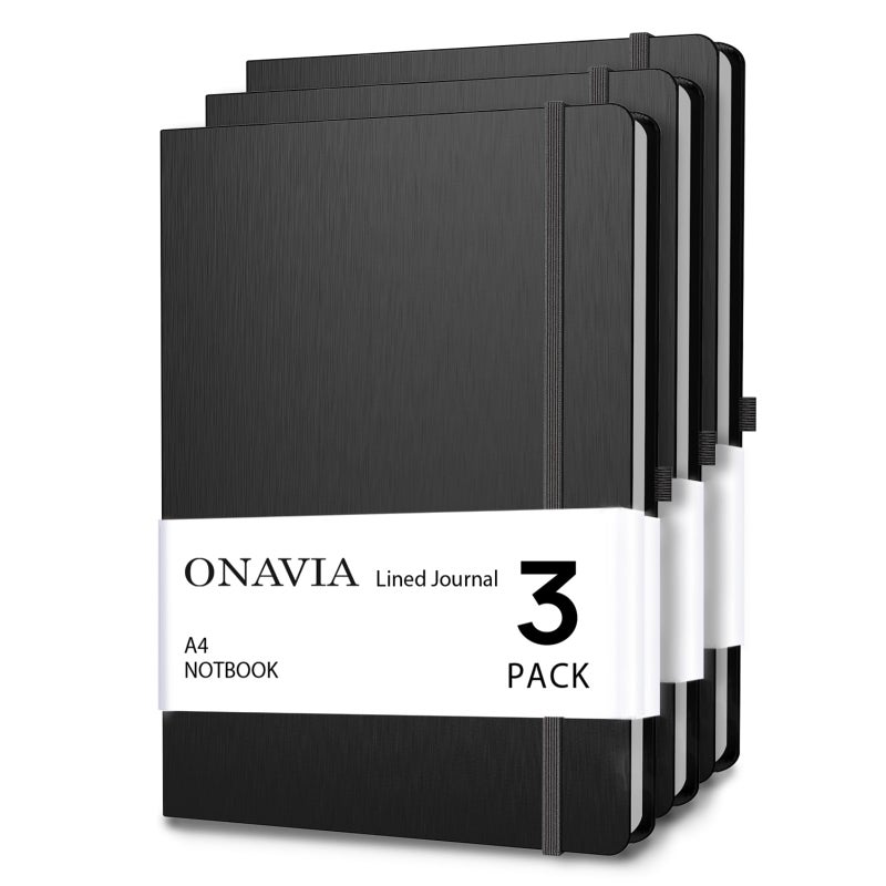 ONAVIA A4 Lined Journal Notebook, 8mm Ruled Notepad, Journaling for Writing, Work, School, Travel and Note Taking, Hardcover 160 Pages (80 Sheets) 8.27 x 11.6 inches (3 Pack Black) - Image 1