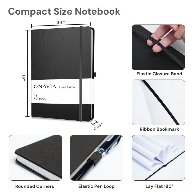 ONAVIA A4 Lined Journal Notebook, 8mm Ruled Notepad, Journaling for Writing, Work, School, Travel and Note Taking, Hardcover 160 Pages (80 Sheets) 8.27 x 11.6 inches (3 Pack Black) - Image 2