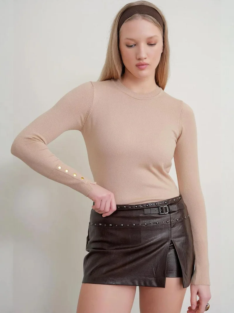Mixray Tan Natural Mixray Crew Neck Knit Sweater for Women | Best Price UAE
