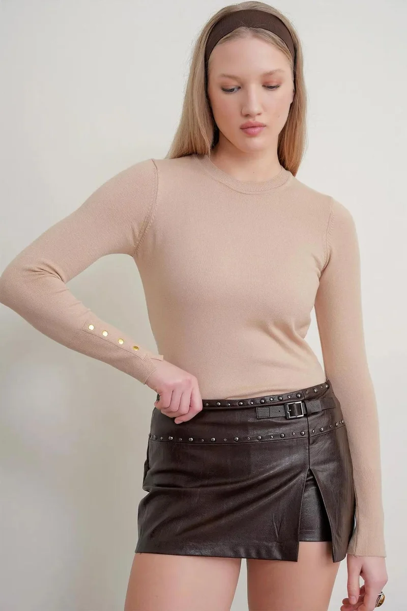 Hiccup Tan Natural Mixray Crew Neck Knit Sweater for Women | Best Price UAE