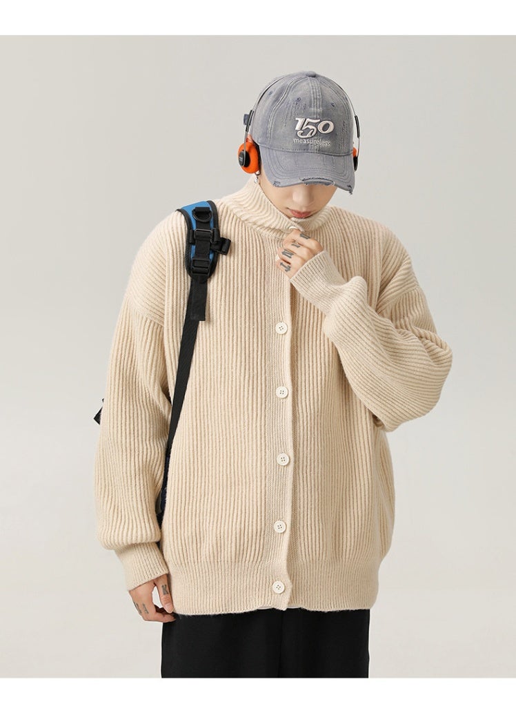 NIBEMINENT High Neck Cardigan Sweater For Men In Autumn And Winter Lazy Style Solid Color Casual Knit Sweater Trendy Brand Stand Up - Image 2