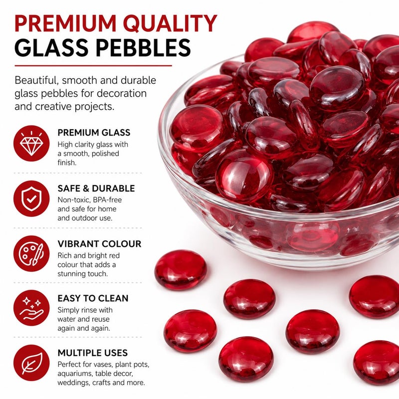 ARSUK 1LB Red Glass Pebbles for Vase Fillers, Aquarium Gravel, Decorative Stones for Crafts, Fish Tanks, Plant Pots, Wedding, Garden, Home Decor – Flat Glass Marbles (Red, 1LB) - Image 4
